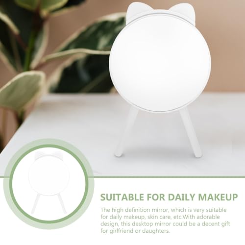 Cat Ear Makeup Mirror with Tripod Stand and Comb, White Desktop Cosmetic Mirror, Fashionable Vanity Table Decor and Photo Prop