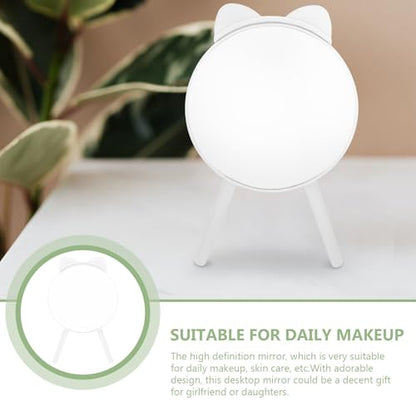 Cat Ear Makeup Mirror with Tripod Stand and Comb, White Desktop Cosmetic Mirror, Fashionable Vanity Table Decor and Photo Prop