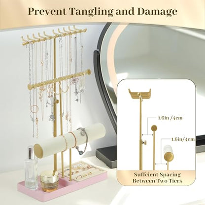 Tirzah 3-Tier Adjustable Gold Jewelry Holder Organizer Stand with 20 Necklace Hooks, 18 Earring Holes and Notches, Bracelet Holder, 6 Ring Rolls, Pink Tray for Girls, Women - color: Gold & Pink, for Necklace Earring Bracelet