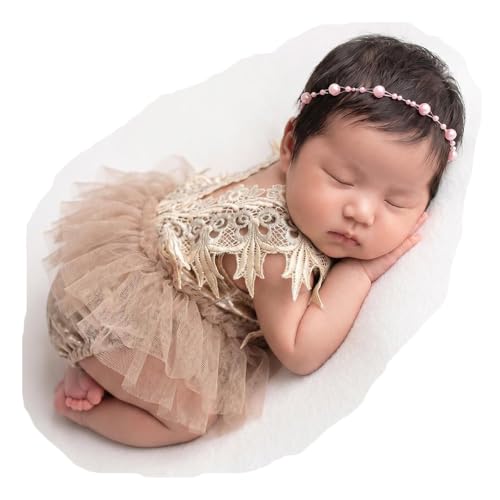 Zeroest Baby Photography Props Lace Hats Outfit Newborn Photo Shoot Outfits Infant Photos Baby Girl Photoshoot - color: Champagne