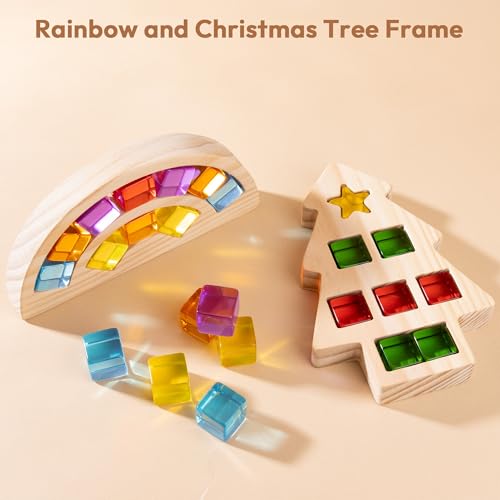 Woodtoe Wooden Building Blocks Set for Kids, Rainbow & Christmas Tree Wood Frame - 24 PCS Acrylic Gem Cubes Stacking Blocks, Montessori Stacking Toys, Educational Christmas Game for Toddlers 3-6 - style: Rainbow and Tree Frame Blocks Set