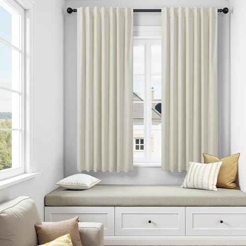 Short Linen Blackout Curtains for Bedroom 45 Inches Length 2 Panels Set Cafe Kitchen Bathroom Curtains for 42 Inch Small Window Light Blocking Thermal Insulated Drapes for Laundry Room Back Tab Beige - color: Linen, size: 52"W x 45"L (Pack of 2)