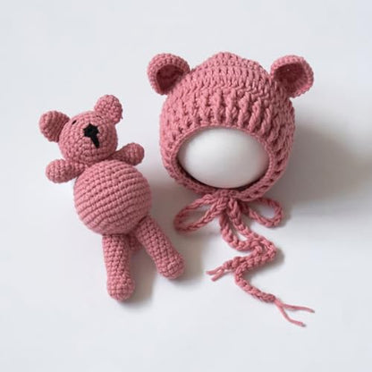 Zeroest Newborn Baby Boy Girl Photography Props Bear Hat Outfits Crochet Kint Handmade Cap Set for Newborn Photo Shoot - color: Dusty Pink