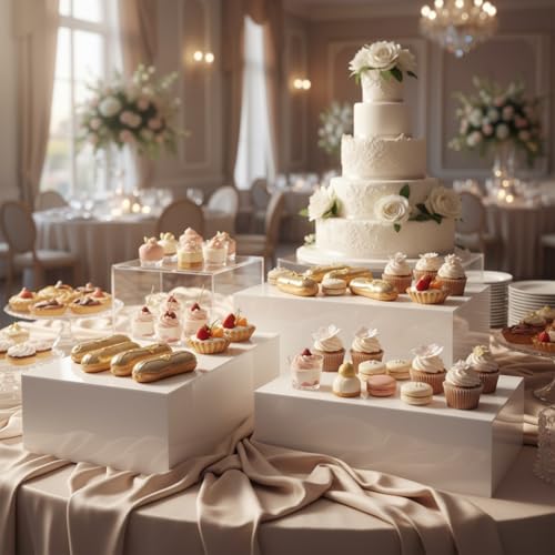 3 Pack Extra Large Acrylic Buffet Risers - 15”, 14”, 13” White Display Stands with Hollow Bottoms, Cube Riser Boxes Nesting for Dessert Food Catering Buffet Display Party Supplies - color: White, size: 15”,14”,13”