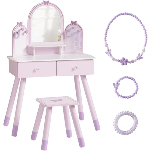 ROBUD Kids Vanity Table and Chair Set, Girls Vanity Set with Mirror, Pretend Play Kids Vanity, Makeup Dressing Table with Drawer and Accessories, Age 3+ (Purple) - color: Purple