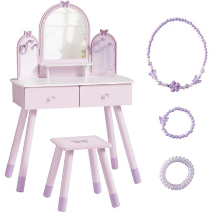 ROBUD Kids Vanity Table and Chair Set, Girls Vanity Set with Mirror, Pretend Play Kids Vanity, Makeup Dressing Table with Drawer and Accessories, Age 3+ (Purple) - color: Purple