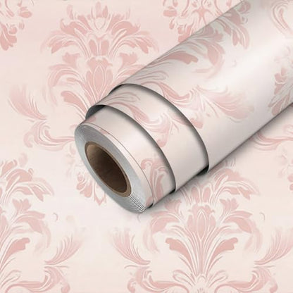 HOMETITUTE Wallpaper Peel and Stick Soft Pink Classic Damask Contact Paper Wall Paper Stick 17.7" x 118.1" Self Adhesive Removable Vinyl Wall Covering Bedroom Kitchen Bathroom Home Decor - color: Pink Classic Damask