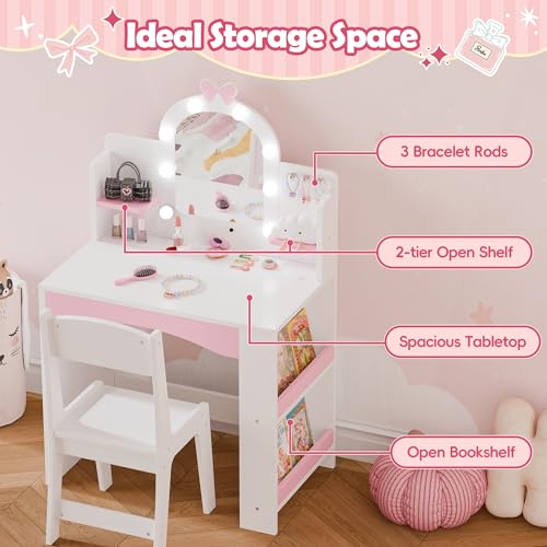 MU Kids Vanity with Lights, Princess Makeup Vanity Table and Chair Set for Girls, Toddler Vanity Desk with Open Bookshelf, Storage Cabinet & Shelves, Stools, White - color: White