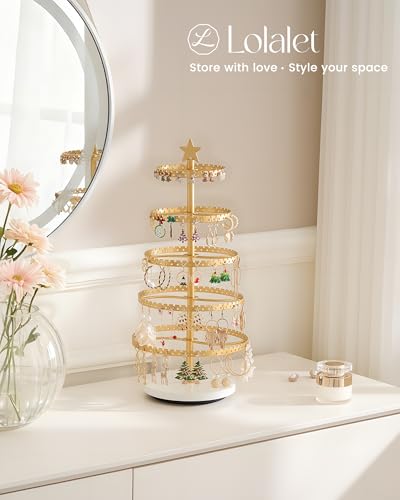Lolalet 5-Tier Rotating Earring Holder Organizer, Metal Earring Display Stand Large Tree-shaped Rack for Studs Hoops Dangling Earrings, Gift for Women and Girls -Gold - color: Gold