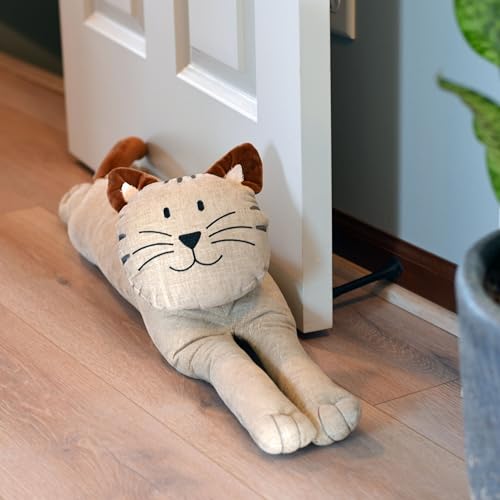 Kitty Cat Draught Door Stopper, Soft Beige Grey Flax Linen and Cotton, Curly Brown Ears and Tail, 29.75 Inches Long, 4.75 lbs. - color: Beige