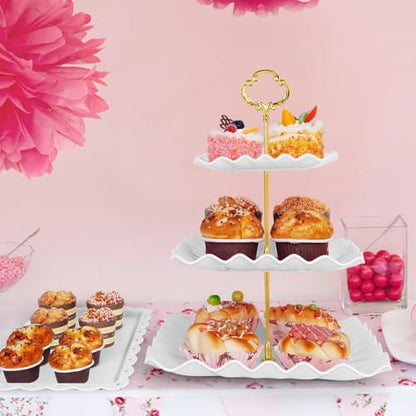 5 Pcs Dessert Display Stands, 2pcs Dessert Stands 3 Pcs Tray, Pink Dessert Display Stands, Treat Table Displays Set for Wedding Baby Shower Tea Party, Ease of Cleaning and Assembly - color: Pink