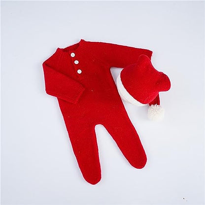 Christmas Newborn Baby Photo Shoot Props Outfits Crochet Clothes Santa Claus Red Hat Pants Photography Props - color: Red E