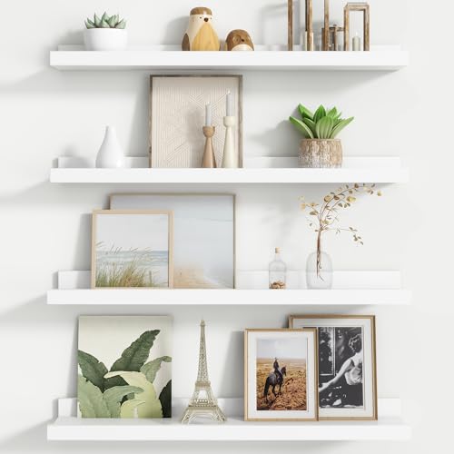 FLYJOE Floating Picture Ledge Shelves for Wall Set of 4, 24 Inch Wall Shelves with Lip Long Large Nursery Book Shelf for Toys Storage Kids Bookshelf Wall Mounted Living Room Bedroom Decor Frames - color: White, size: 24'', Set of 4