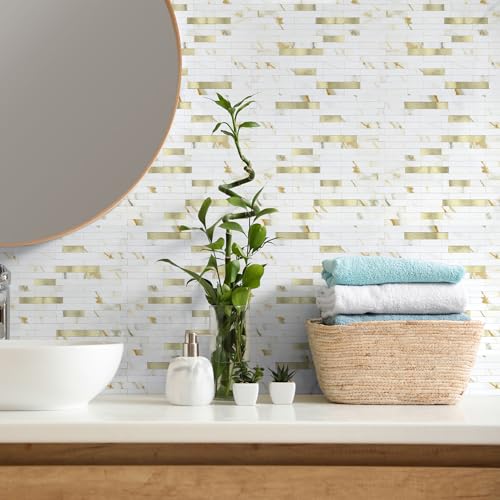 10 - Sheet Peel and Stick Backsplash Wall Tile, PVC Kitchen Backsplash, Stick on Tiles for Backsplash Kitchen (12'' X 12'', White with Gold) - color: White With Gold