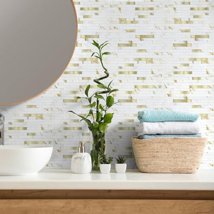 10 - Sheet Peel and Stick Backsplash Wall Tile, PVC Kitchen Backsplash, Stick on Tiles for Backsplash Kitchen (12'' X 12'', White with Gold) - color: White With Gold
