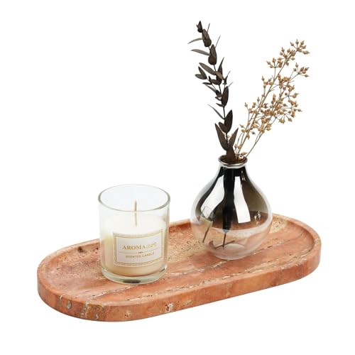 Koville Turkish Natural Travertine Tray, 12"x6" Vanity Decorative Marble Wabi Sabi Decor for Home, Countertop Organizer, Catchall for Perfume, Candles, Jewelry Dish - color: Red Travertine, size: 12" x 6" x 0.8"