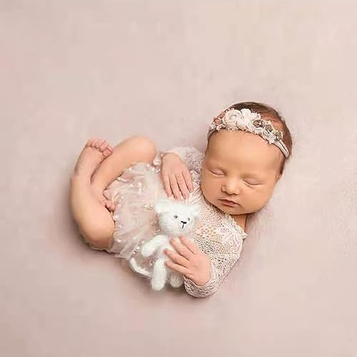 Newborn Lace Romper, 2 PCS Baby Girl Photography Props, Newborn Girl Photography Outfits with Flower Headband for Infants - color: White Long Sleeve
