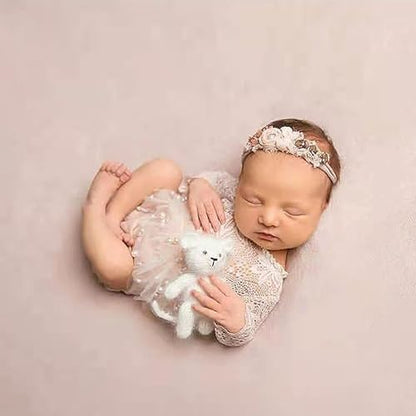Newborn Lace Romper, 2 PCS Baby Girl Photography Props, Newborn Girl Photography Outfits with Flower Headband for Infants - color: White Long Sleeve