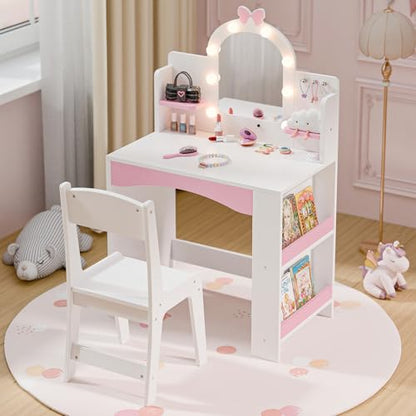 MU Kids Vanity with Lights, Princess Makeup Vanity Table and Chair Set for Girls, Toddler Vanity Desk with Open Bookshelf, Storage Cabinet & Shelves, Stools, White - color: White