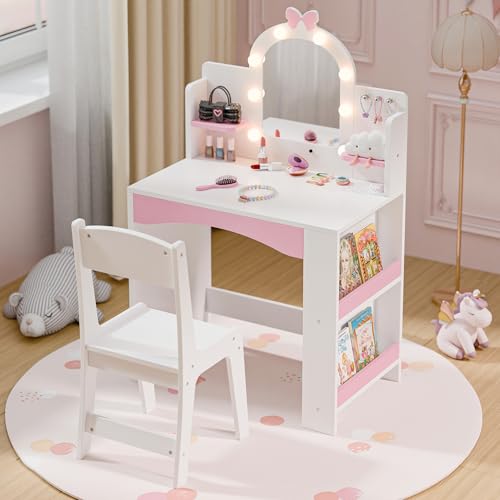 MU Kids Vanity with Lights, Princess Makeup Vanity Table and Chair Set for Girls, Toddler Vanity Desk with Open Bookshelf, Storage Cabinet & Shelves, Stools, White - color: White