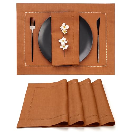 D'Moksha Homes Rust Linen Placemats Set of 4 - Classic Hemstitch Placemats 14 x 19 Inch - 100% Pure Linen Table Mats for Spring - Handcrafted and Machine Washable - color: 07 - Rust