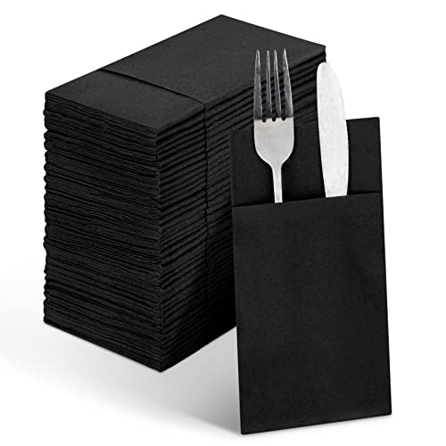 Linen-Feel Black Paper Napkins, Cloth Like Dinner Napkins with Built-in Flatware Pocket, Pre-Folded Absorbent Disposable Guest Paper Hand Towels for Bathroom, Weddings Party(50 Pack) - color: black