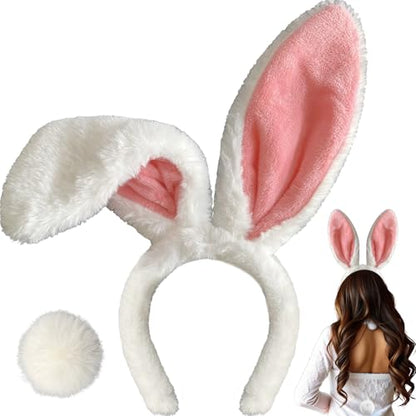 KHC-KHF Easter-Headband Bunny-Headbands Halloween Plush Rabbit Ear Costume Headband Tail Accessories Party Makeup Birthday Favors Kids Adult Headwear - color: White Pink Suit