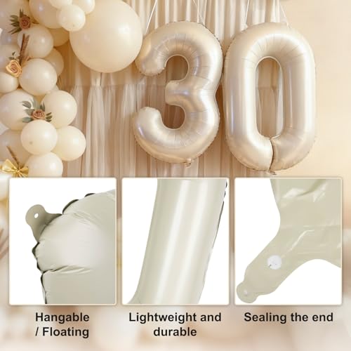 CARGEN 40 Inch Creamy White Number 4 Balloon, Large Beige Foil Mylar Digital 0-9 for Birthday Decorations, Boho Neutral Party Supplies, Wedding Anniversary Photo Props, Helium or Air Fill - style: Number 4