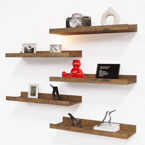 RICHER HOUSE 5 Set Floating Shelves for Wall Decor, Wall Mounted Book Shelf, Nursery Shelves Picture Ledge Shelf with Lip for Storage, Bedroom, Living Room, Bathroom - Brown - color: Brown, size: 5pcs*15.75in