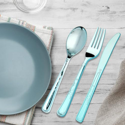 180 Pack Disposable Light Blue Plastic Silverware Contain 60 Forks,60 Spoons,60 Knives, Solid and Durable Plastic Cutlery Utensils Set Perfect for Parties,weddings. - color: Light Blue