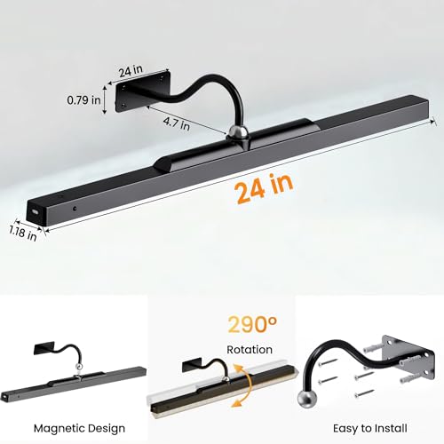 24Inch Picture Lights Battery Powered 6000mAh -3 Pack Black Wireless Remote Control Sconces for Gallery, Living Room, Museum & Large Wall Art - color: Black, size: 24IN-3pack