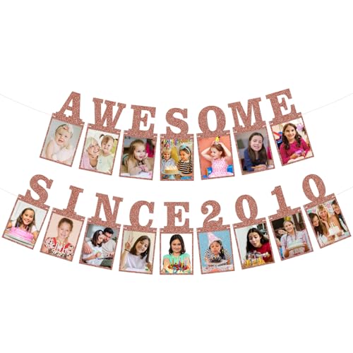Pre-strung Awesome Since 2010 Photo Banner Birthday Decorations for Girls Women- Pink Rose Gold Glitter Sweet 16th Birthday and Anniversary Decorations Party Supplies - style: Pink Rose Gold 16th