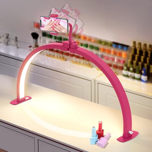 Yokilly Half Moon Light for Nail Desk: 29" Foldable Half Moon Desk Lamp with Phone Holder for Beginner - Arch Nail Tech Light with 3 Color Modes & 10 Brightness for Manicure Salon (Rose Red, Large) - color: Rose Red, size: Large