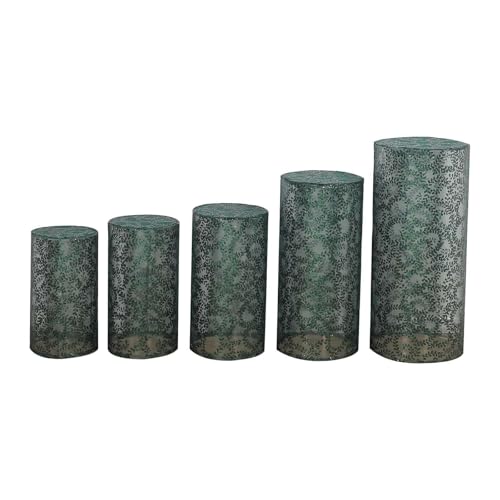 Efavormart Set of 5 Hunter Emerald Green Sequin Mesh Cylinder Display Box Stand Covers with Leaf Vine Embroidery, Sparkly Sheer Tulle Pedestal Pillar Prop Covers - color: Hunter Green, size: Sequin Mesh Cylinder Covers - Leaf Pattern