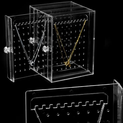 QWORK Clear Acrylic Jewelry Storage Box - Earring Display Stand Holder with 3 Vertical Slide-Out Drawers, 216 Earring Holes & 36 Necklace Grooves