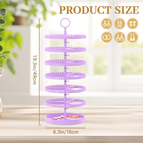 MODOWEY 6 Tier Rotating Earring Holder Organizer Display Tree with Metal Tray, Adjustable Plastic Stand with 342 Slots for Stud Hoop Hanger, Large Capacity Storage Rack for Women, Purple - color: Purple