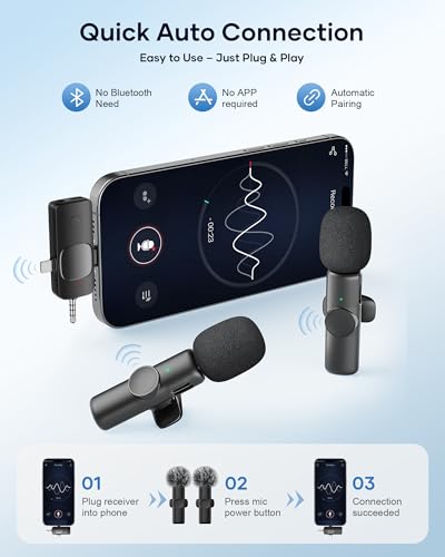 Wireless Microphone for iPhone iPad Android Phone and Camera, 2 Pack Wireless Lavalier Lapel Mic with Noise Reduction, 3 in 1 Mini Microphone for Video Recording Interview Podcast YouTube TikTok Vlog - color: Classic Black, size: Without Case