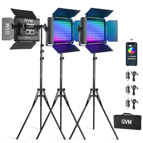 GVM RGB LED Video Light Kit, Dimmable Photography Lighting with APP Control, 680RS 50W 3 Packs Led Panel Light for YouTube Studio, Video Shooting, Gaming, Streaming, Zoom, Broadcasting, Conference - size: 50 W Without Softbox