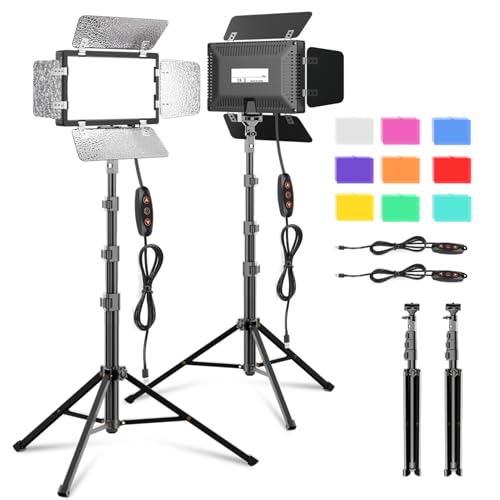 2 Pack LED Video Photography Lighting Kit with 54'' Tripod Stand, Dimmable 5600K USB Studio Lights with Barndoor -9 Color Lighting for Video Recording, Photo Studios, YouTube, TikTok, Game Streaming