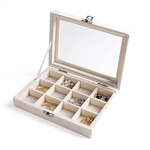 Frebeauty Jewelry Organizer Tray with Clear Lid - 12 Grid Velvet Drawer Insert Storage Box - Transparent Lid Display Case - Gift for Women (Beige, 12 Grid) - color: Beige, size: 12 Grid