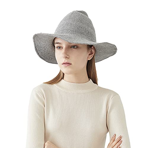 Halloween Witch Hat for Women Wide Brim Foldable Wizard Hat Wool Knit Pointed Cap Cosplay Costume Accessory - color: Light Grey