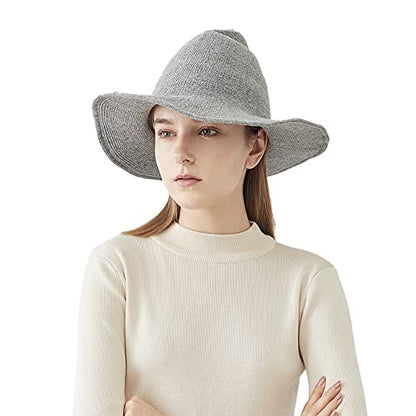 Halloween Witch Hat for Women Wide Brim Foldable Wizard Hat Wool Knit Pointed Cap Cosplay Costume Accessory - color: Light Grey