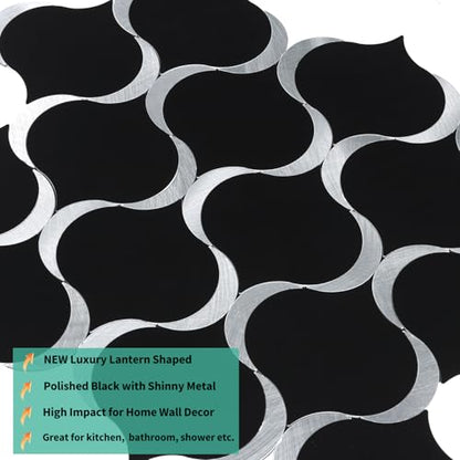 10 Sheet Arabesque Peel and Stick Backsplash Tile, Stick on Backsplash for Kitchen and Bathroom Wall, Glossy Black Look PVC Mixed Metal Aluminum - color: Glossy Black Mixed Metal Silver