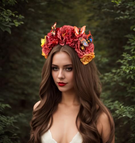 Elegant Butterfly Flower Headband for Women Boho Handmade Rose Floral Crown Wedding Bridal Festivals Cosplay Prom Photo Props Headpiece (B4 red, Adjustable) - color: B4 red