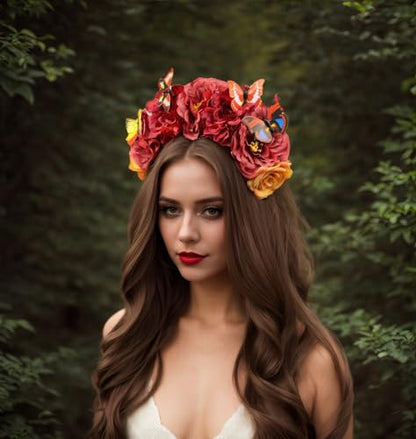 Elegant Butterfly Flower Headband for Women Boho Handmade Rose Floral Crown Wedding Bridal Festivals Cosplay Prom Photo Props Headpiece (B4 red, Adjustable) - color: B4 red