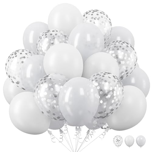 White Balloons, 12 Inch Pearl Pure White Ivory Latex Balloon with Silver Confetti Balloons for Boho Birthday Baby Shower Wedding Bachelorette Retirement Valentine’s Day Party Decorations - color: White Mixed