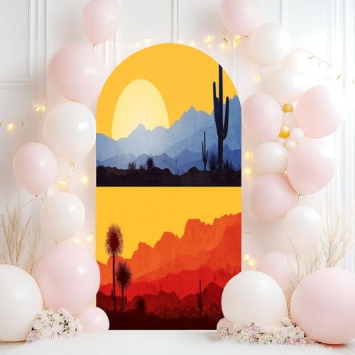 Wedding Arch Backdrop Cover 7.2FT Desert Wild Nature Landscapes Cactus Palm Tree Plants Collection Spandex Fitted Arch Cover Round Top Stands Cover for Birthday Party Ceremony Banquet Decoration - color: Color3, size: 7.2x3.6 FT