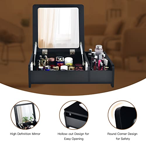 CHARMAID Countertop Vanity with Flip Top Mirror, 24inch Tabletop Laptop Desk with 2 Compartments Organizer, Modern Bedroom Makeup Dressing Vanity Mirror Cosmetic Storage Box Desktop (Black)