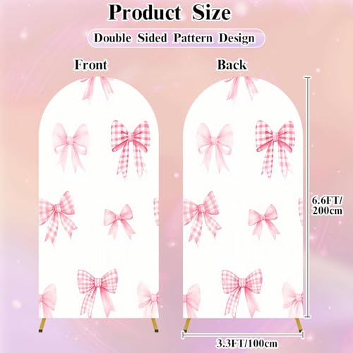 6.6FT Wedding Arch Backdrop Cover Cute Pink Checkered Bows Watercolor Seamless White for Children s Spandex Fitted Fabric Round Top Stretchy Stand Covers for Baby Shower Birthday Party Decoration - color: Color10, size: 6.6x3.3 FT