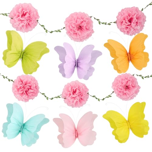 OBBOLO 3D Hanging Butterfly Decorations, Colorful Butterfly Birthday Party Decorations with Tissue Pompom Garland, 6 Pcs Paper Hanging Decorations for Girls, Women, Flower Garden Party Décor - color: Pink Purple Yellow